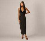 Sequin Plunge Halter Column Dress In Black 1