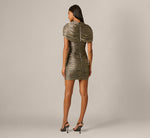 Cape Sleeve Metallic Knit Ruched Keyhole Mini Dress In Black Gold 5