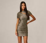 Cape Sleeve Metallic Knit Ruched Keyhole Mini Dress In Black Gold 2