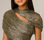 Cape Sleeve Metallic Knit Ruched Keyhole Mini Dress In Black Gold 3