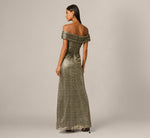 Off Shoulder Metallic Knit Plunge Gown In Black Gold 5