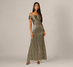 Off Shoulder Metallic Knit Plunge Gown In Black Gold 2