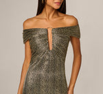 Off Shoulder Metallic Knit Plunge Gown In Black Gold 3