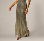 Off Shoulder Metallic Knit Plunge Gown In Black Gold 4