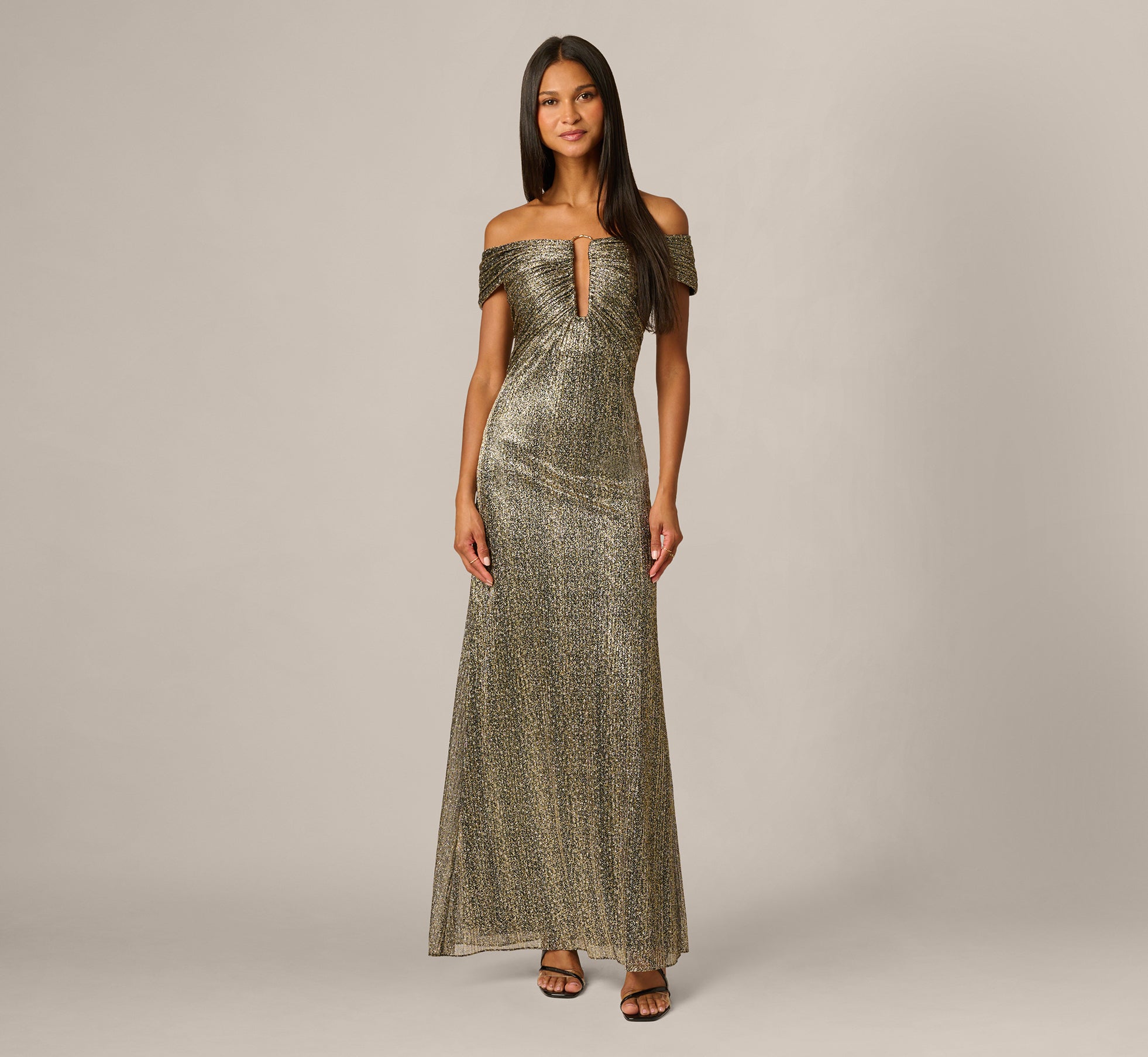 Off Shoulder Metallic Knit Plunge Gown In Black Gold 1