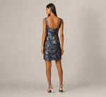 Floral Jacquard Beaded Bow Plunge Cocktail Dress In Blue Multi 5