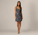 Floral Jacquard Beaded Bow Plunge Cocktail Dress In Blue Multi 2