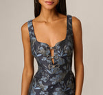 Floral Jacquard Beaded Bow Plunge Cocktail Dress In Blue Multi 3