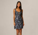 Floral Jacquard Beaded Bow Plunge Cocktail Dress In Blue Multi 6