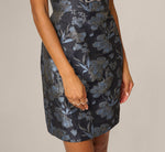 Floral Jacquard Beaded Bow Plunge Cocktail Dress In Blue Multi 4