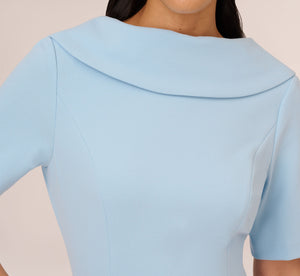Short Sleeve Crepe Dress With Rolled Neck In Blue Mist