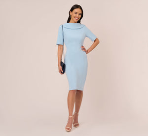 Short Sleeve Crepe Dress With Rolled Neck In Blue Mist
