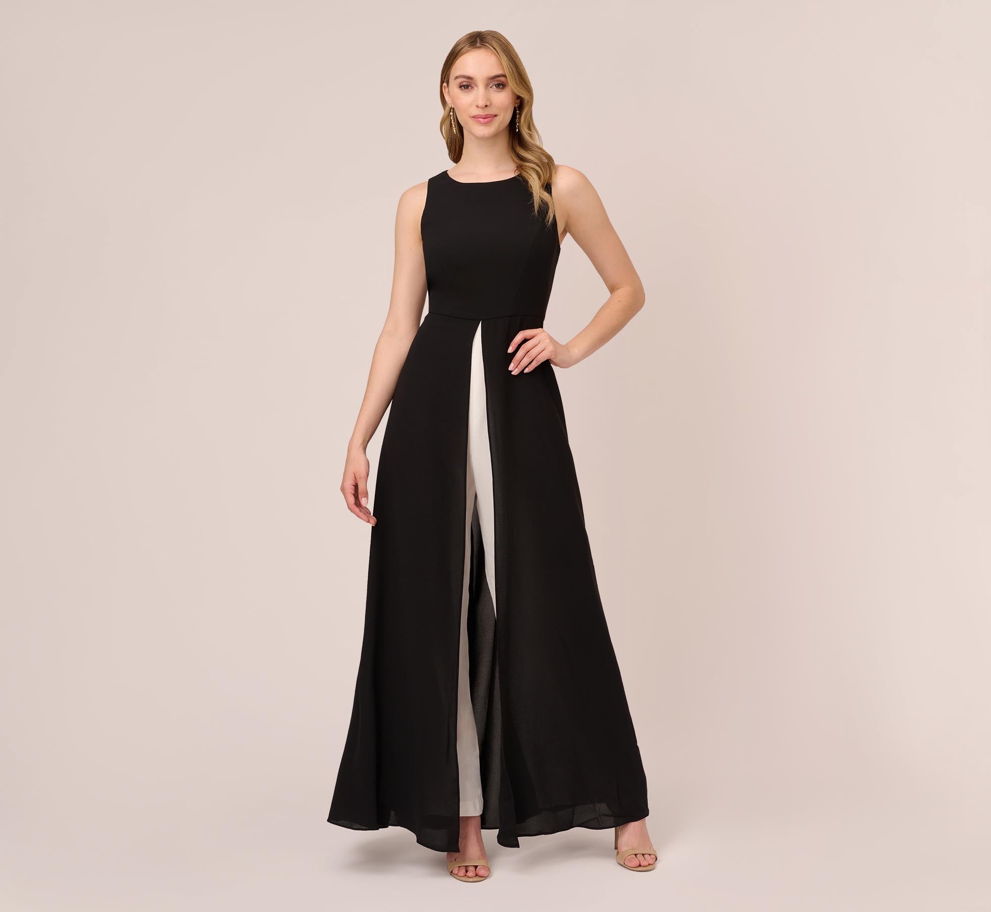 Black Ivory Colorblock Jumpsuit With Skirt Overlay - Adrianna Papell Black Ivory Colorblock Jumpsuit With Skirt Overlay - Adrianna Papell