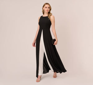 Colorblock Jumpsuit With Skirt Overlay In Black Ivory