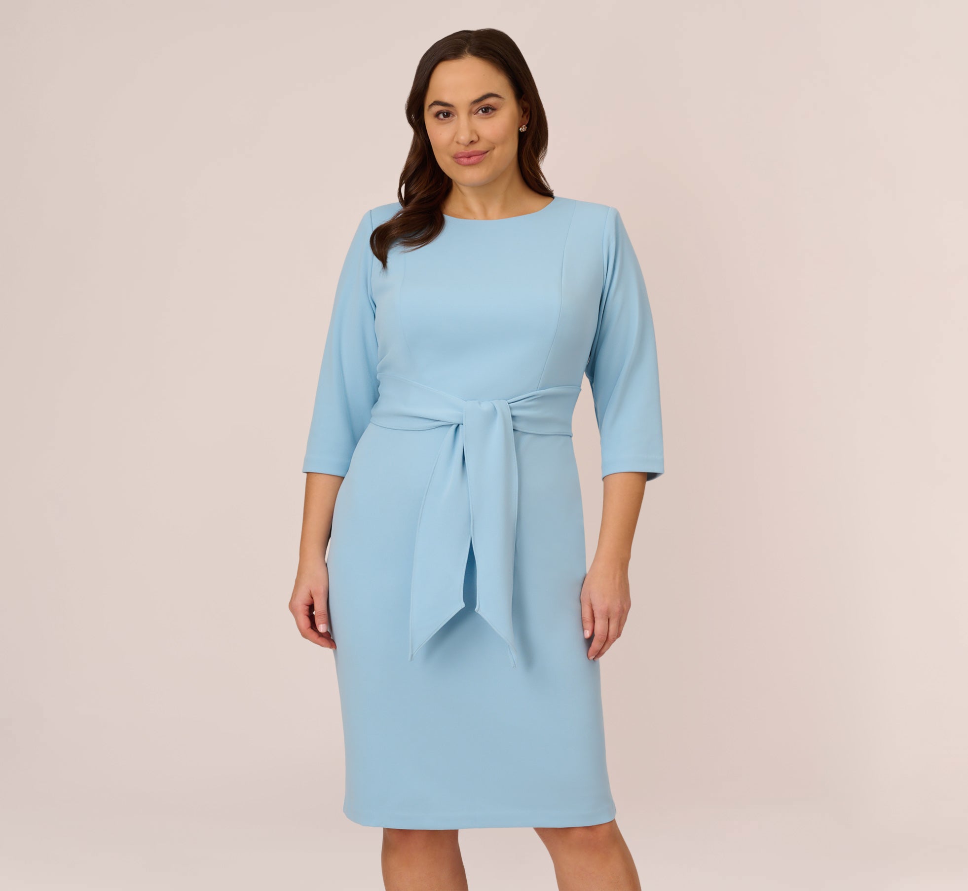 Light Blue Plus Size Knit Crepe Bow Sheath Dress With Three Quarter Sleeves - Adrianna Papell Light Blue Plus Size Knit Crepe Bow Sheath Dress With Three Quarter Sleeves - Adrianna Papell