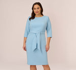 Plus Size Knit Crepe Bow Sheath Dress With Three Quarter Sleeves In Blue Mist 2