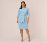 Plus Size Knit Crepe Bow Sheath Dress With Three Quarter Sleeves In Blue Mist 7