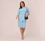 Plus Size Knit Crepe Bow Sheath Dress With Three Quarter Sleeves In Blue Mist 1
