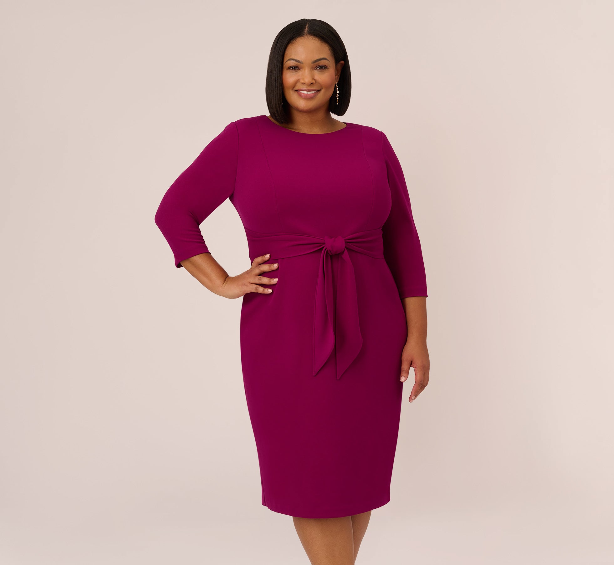 Pink Plus Size Knit Crepe Bow Sheath Dress With Three Quarter