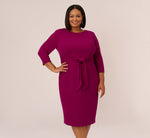 Plus Size Knit Crepe Bow Sheath Dress With Three Quarter Sleeves In Wildberry 2