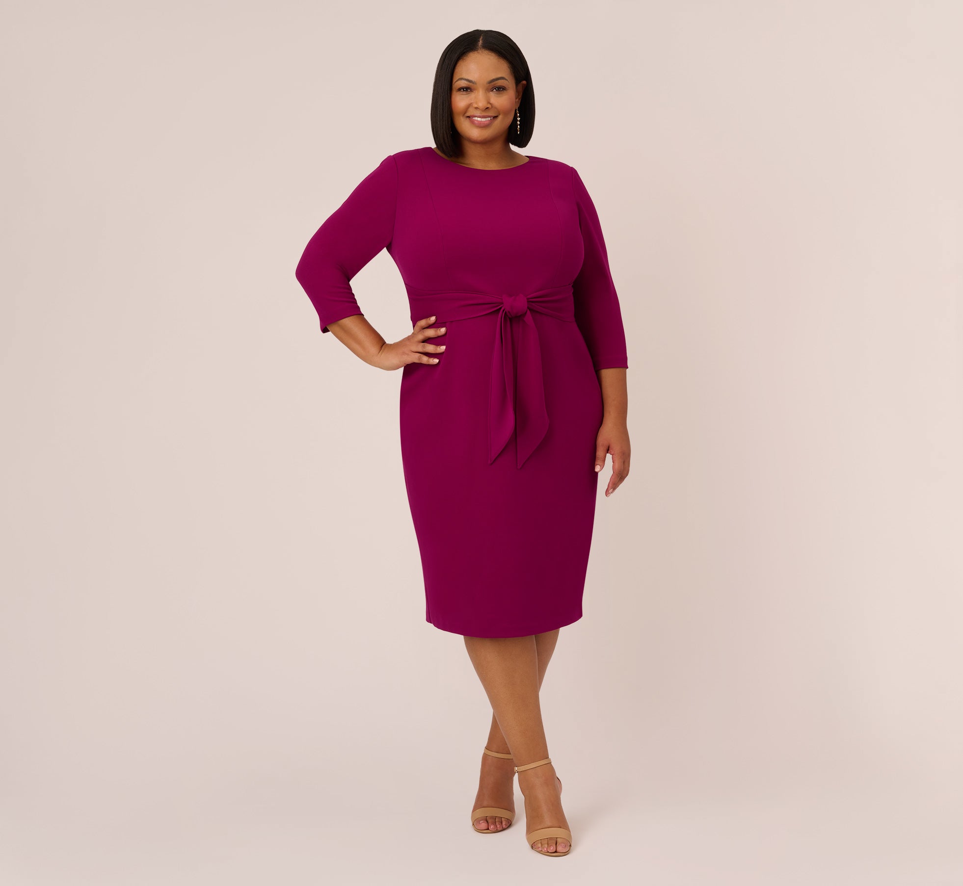 Pink Plus Size Knit Crepe Bow Sheath Dress With Three Quarter
