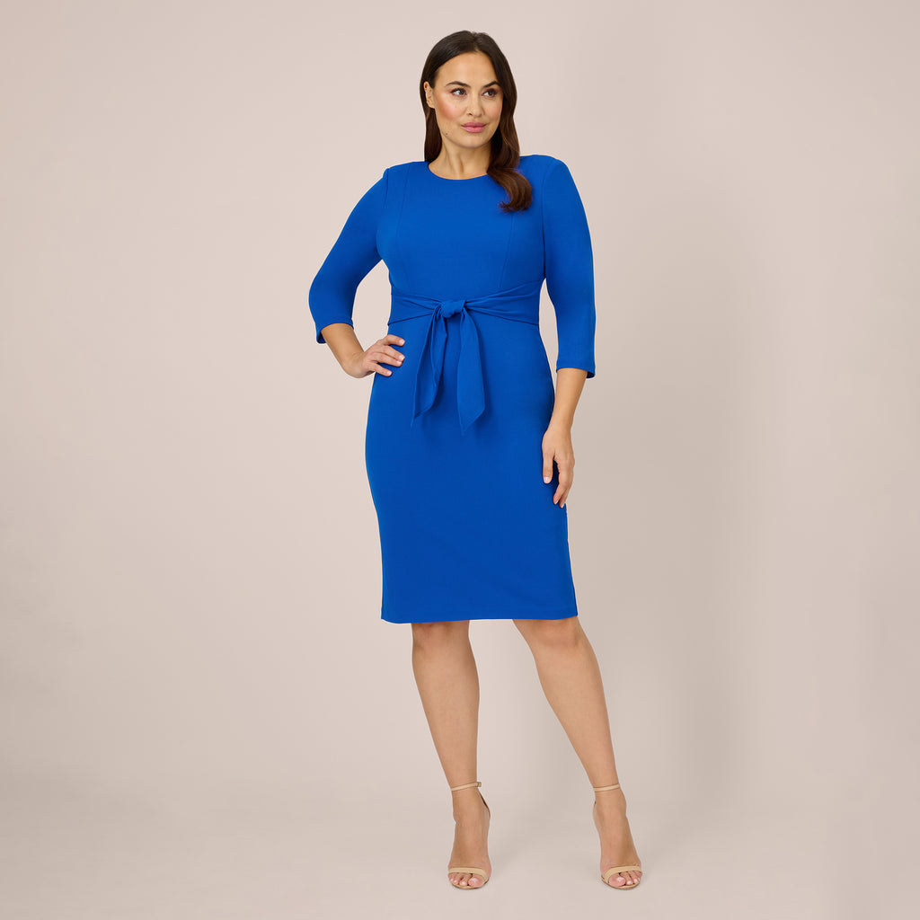 Plus Size Knit Crepe Bow Sheath Dress With Three Quarter Sleeves In Vi
