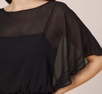 Chiffon Blouson Midi Dress With Flutter Sleeves In Black 4