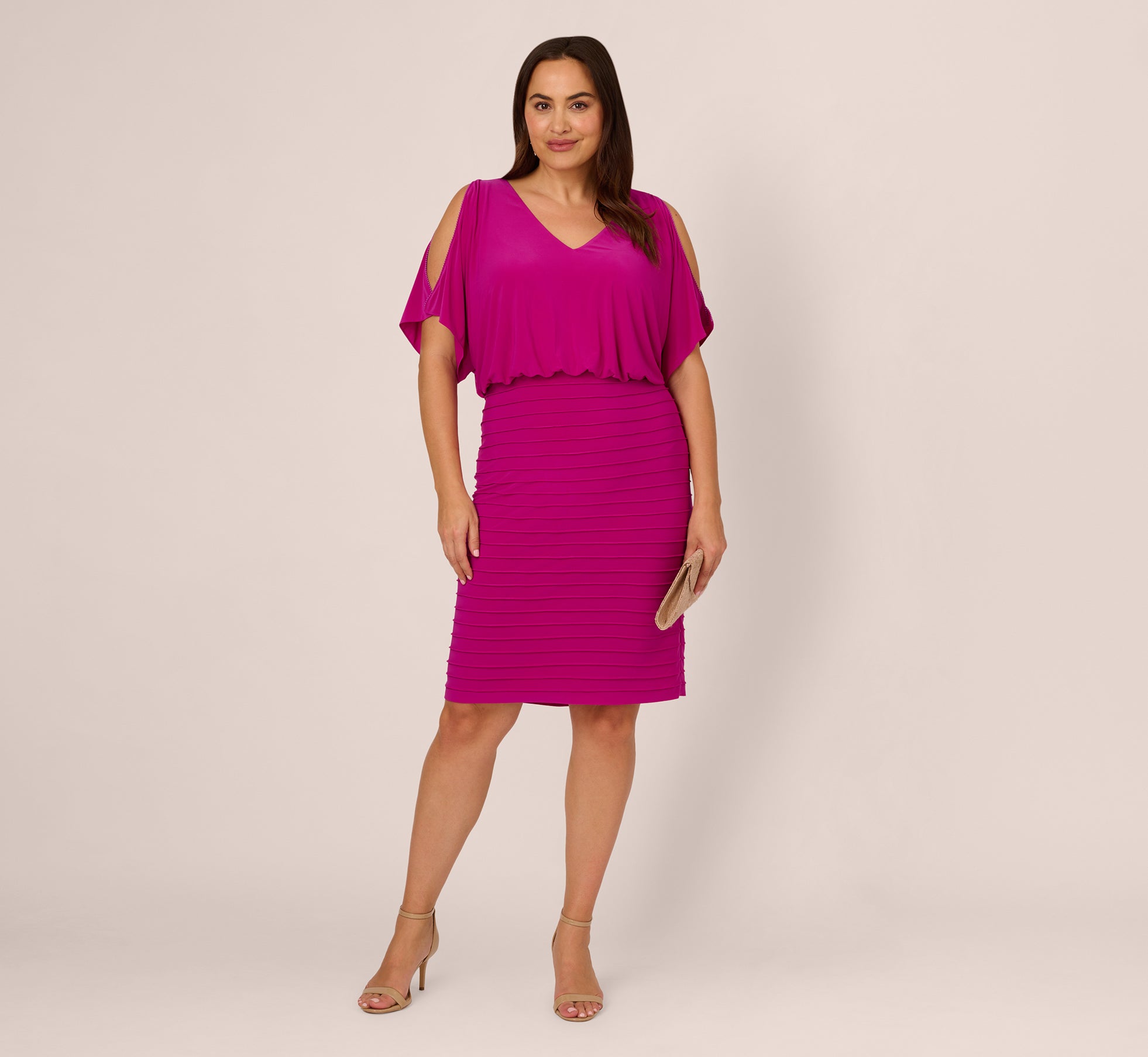 adrianna papell Plus Size Blouson Pintucked Dress With Cold Shoulder Sleeves In Hot Magenta Top Sale | Clothing