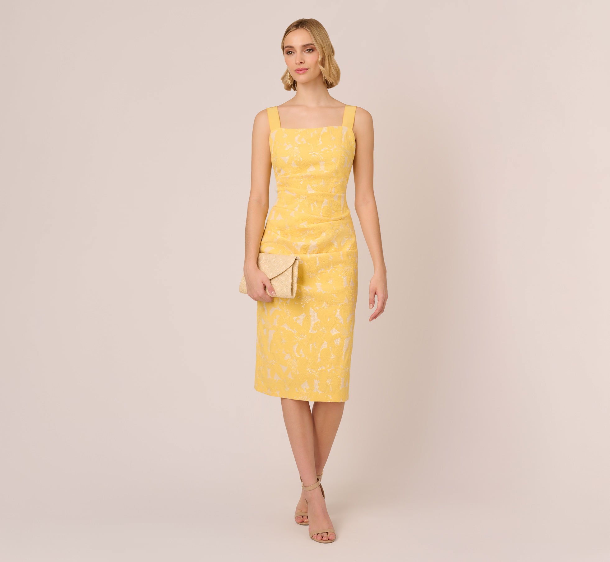 Hibiscus Jacquard Sheath Dress With Tucked Details In Sun 1