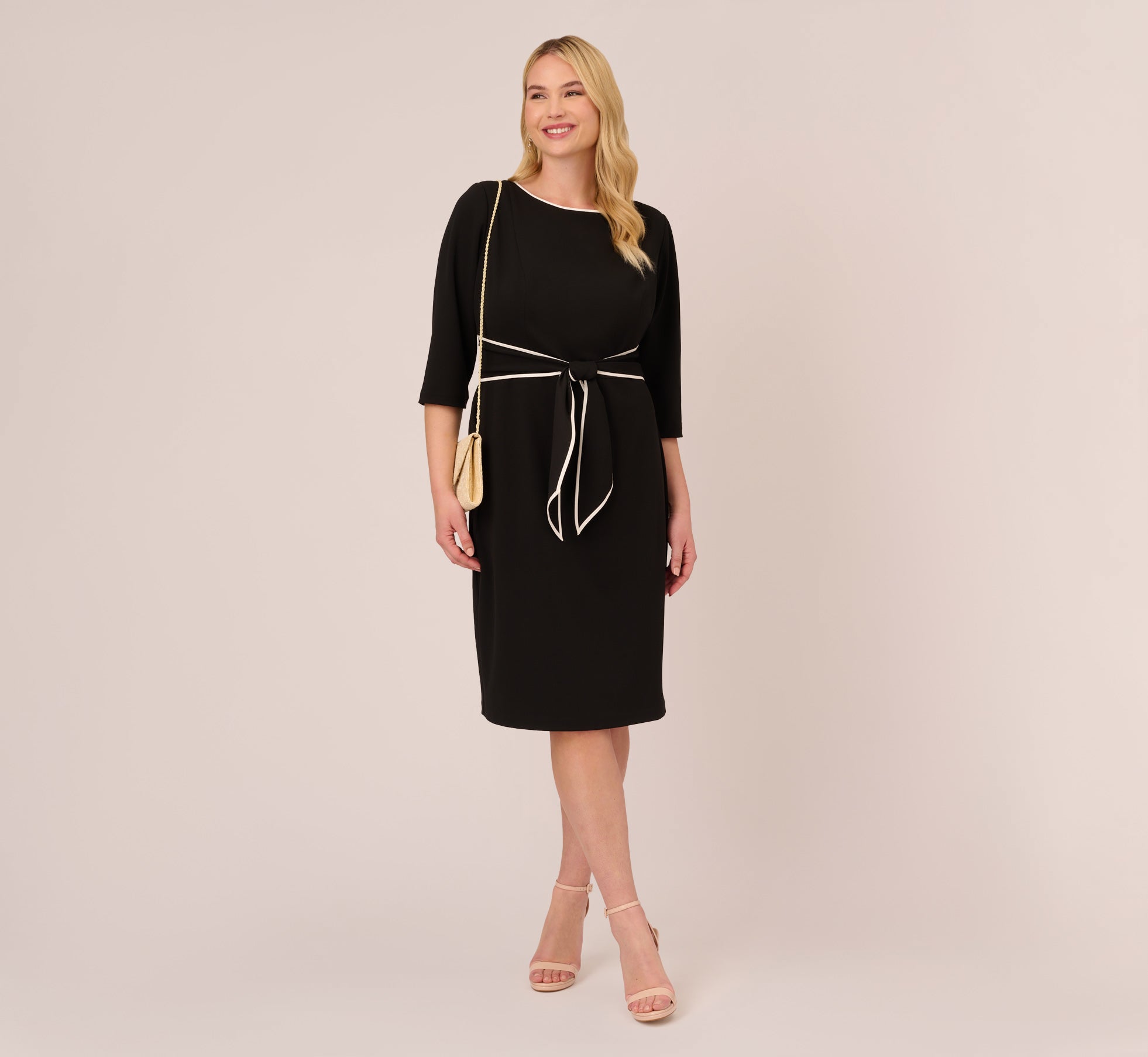 Plus Size Knit Crepe Tie Dress In Black Ivory 1