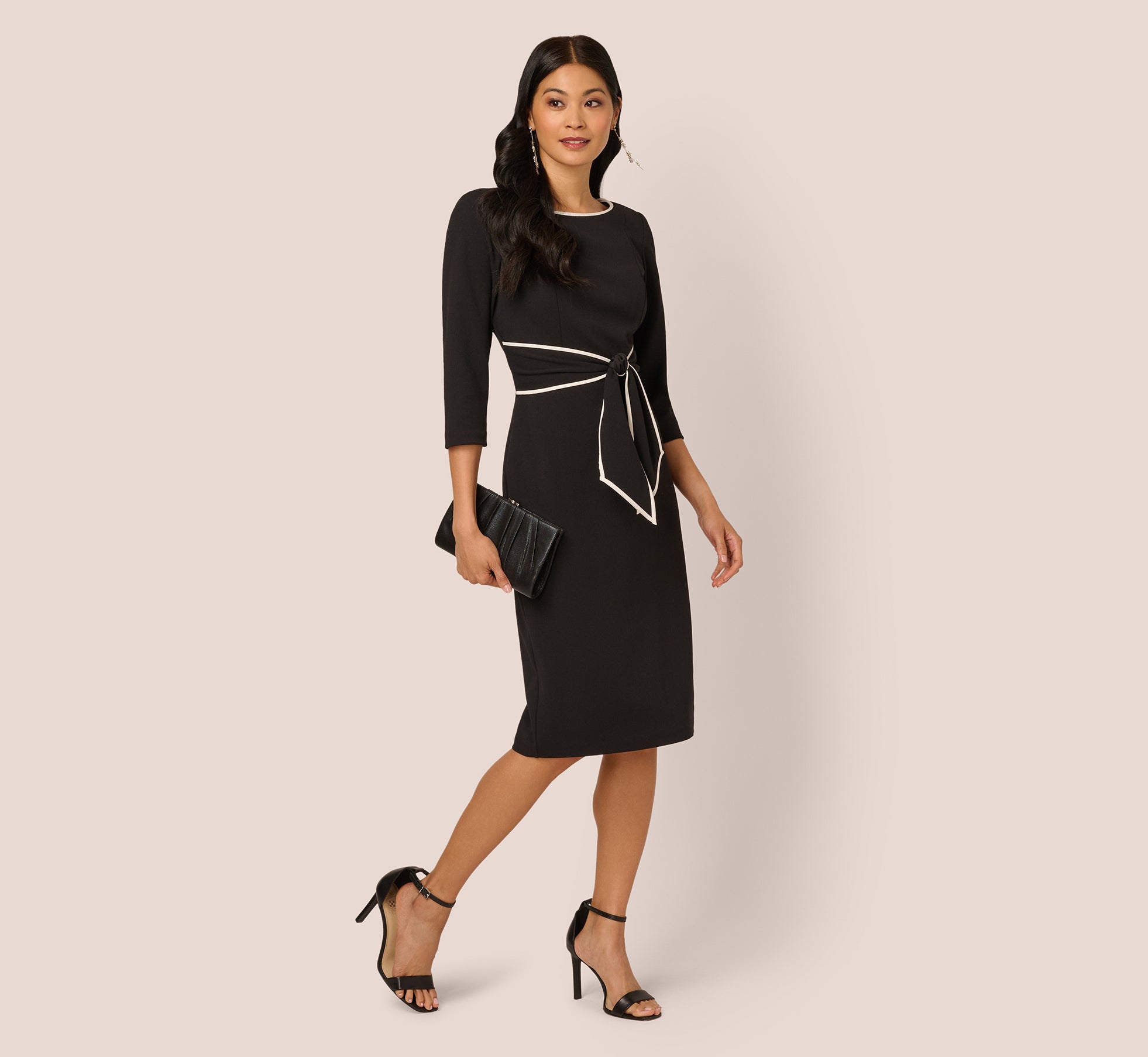 Knit Crepe Tie Dress In Black Ivory 1