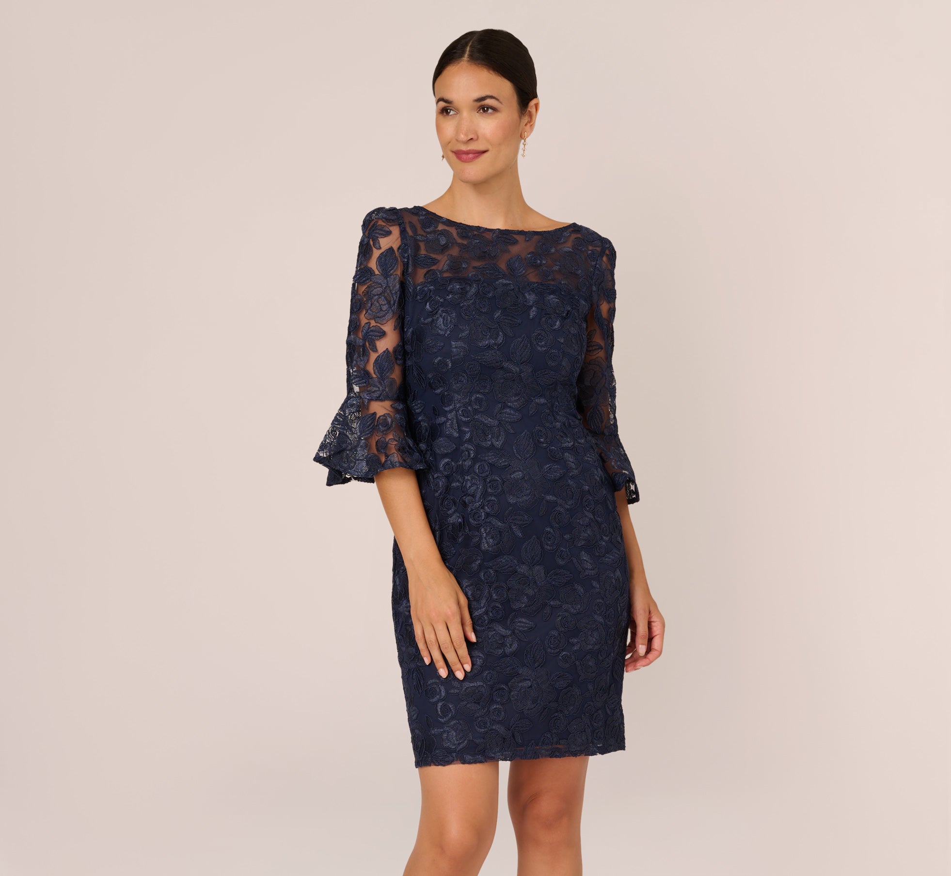 Bell Sleeve Rose Embroidered Sheath Dress In Midnight