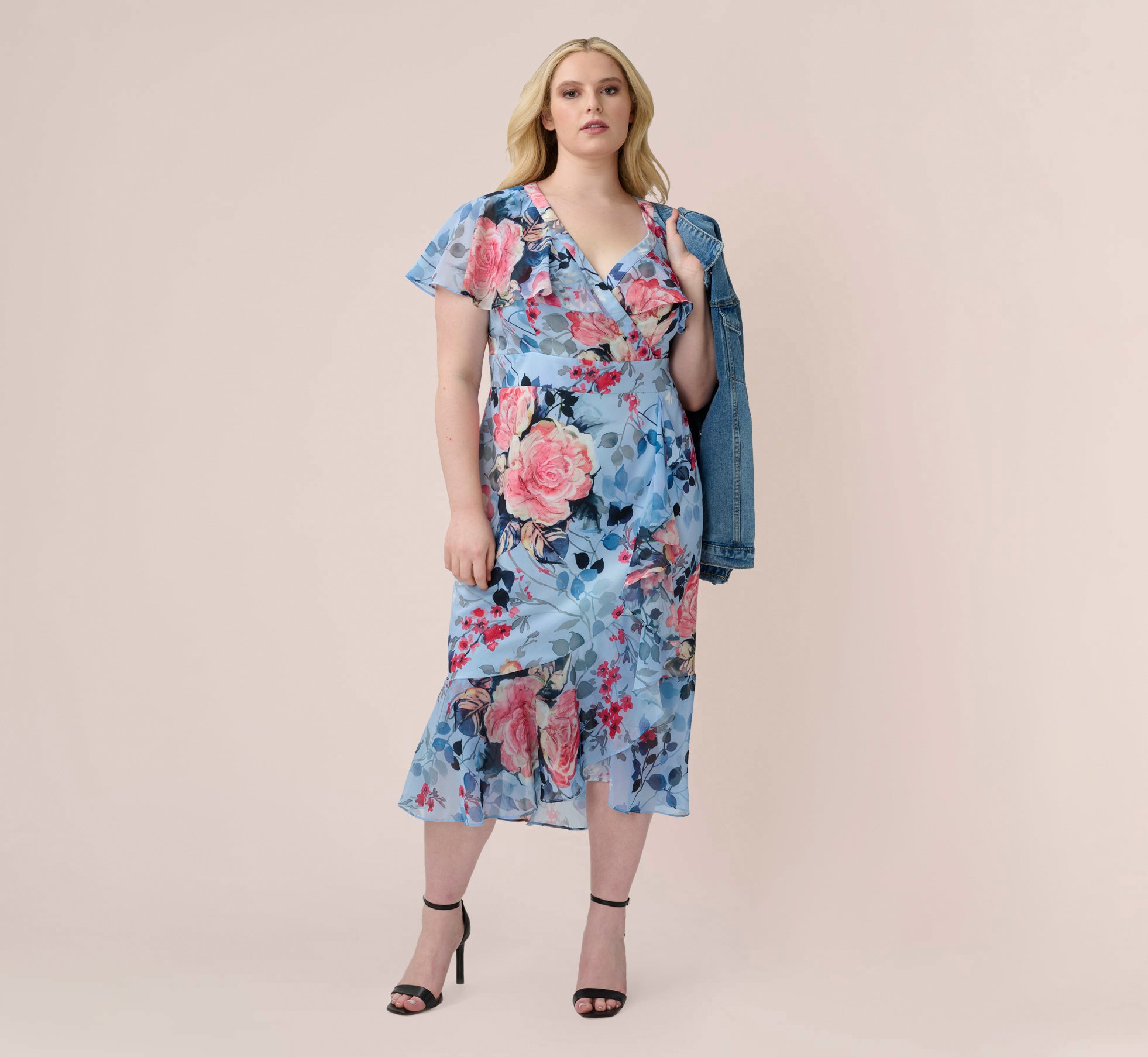 Plus Size Floral Faux Wrap Dress In Blue Multi