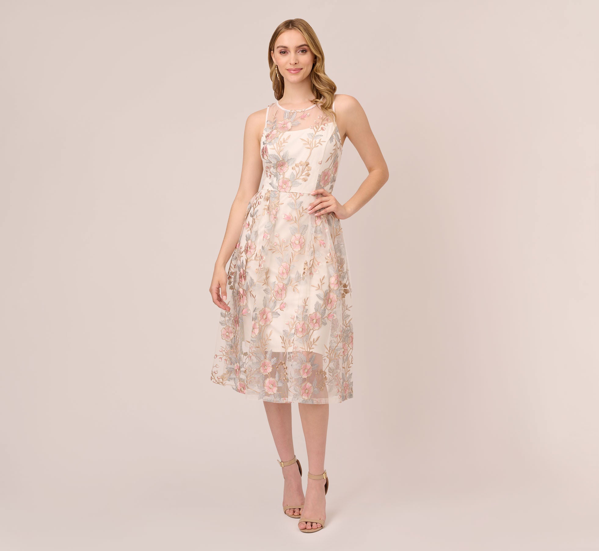 Floral Embroidered Flared Dress In Pink Multi