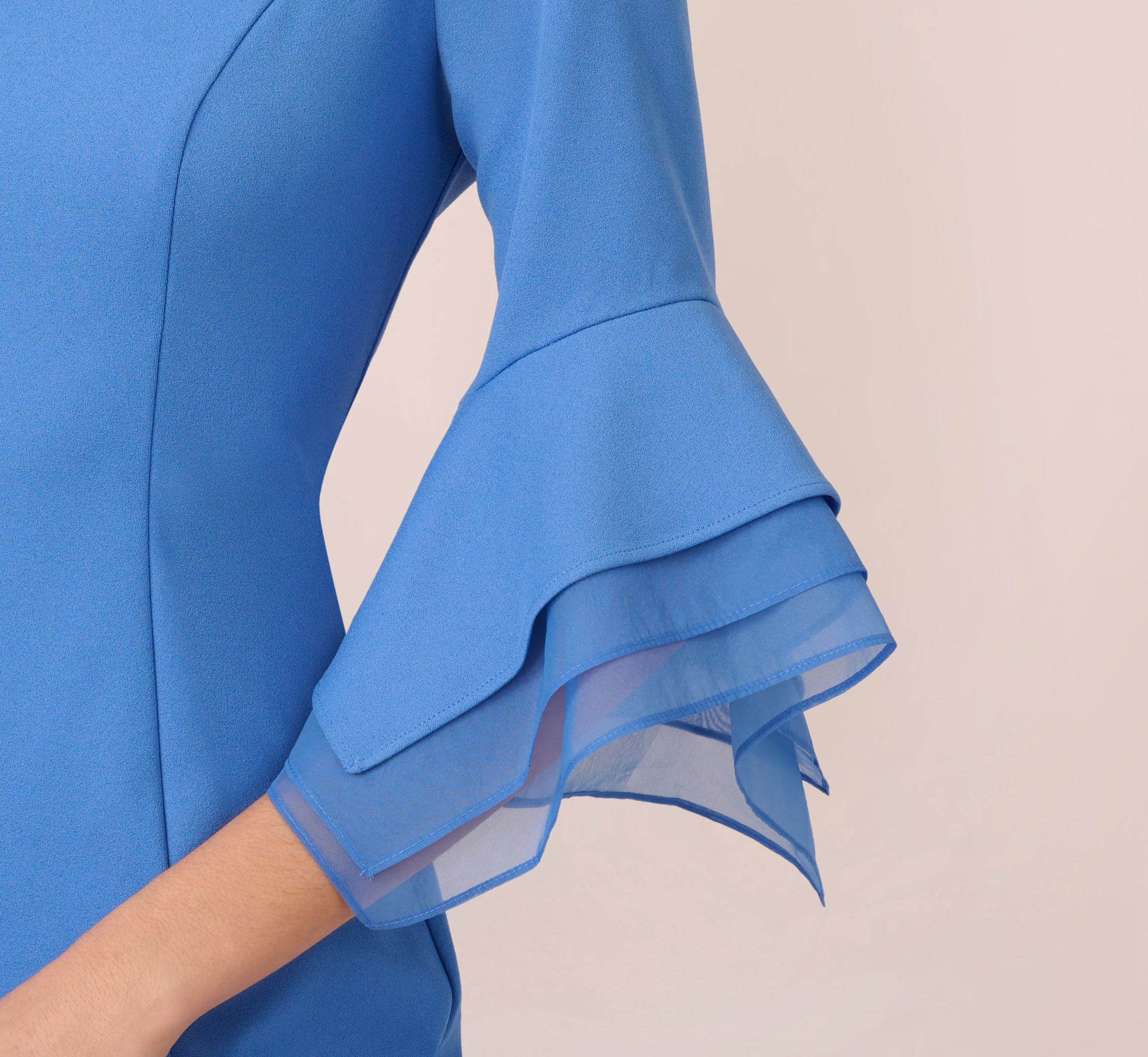 Blue Knit Crepe Sheath Dress With Tiered Three Quarter Sleeves