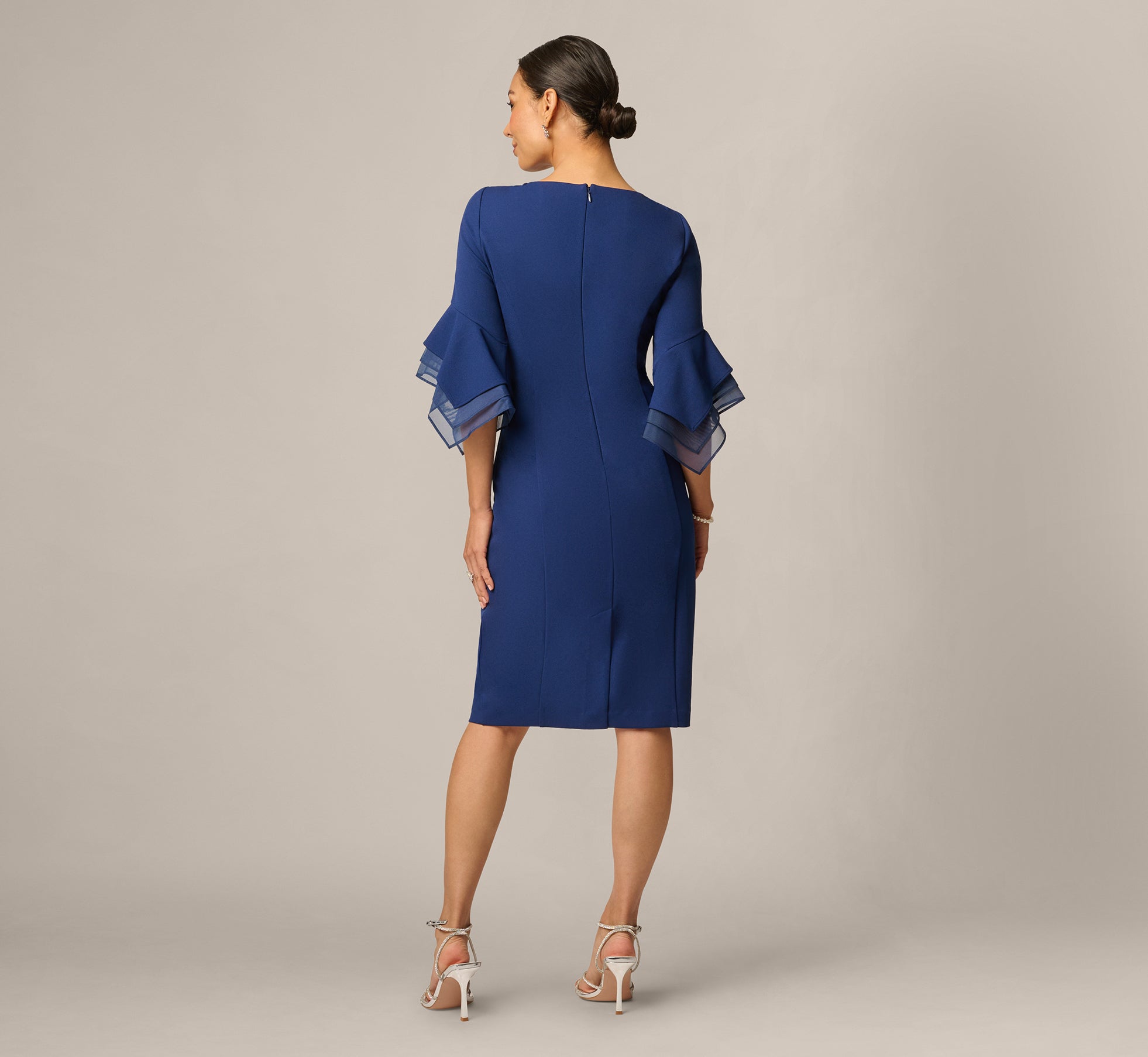 adrianna papell knit crepe bow sheath dress with 3/4 sleeves Petite Tiered-Cuff - Navy 202602HWQ