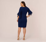 Plus Size Knit Crepe Sheath Dress With Tiered Three Quarter Sleeves In Navy Sateen 5