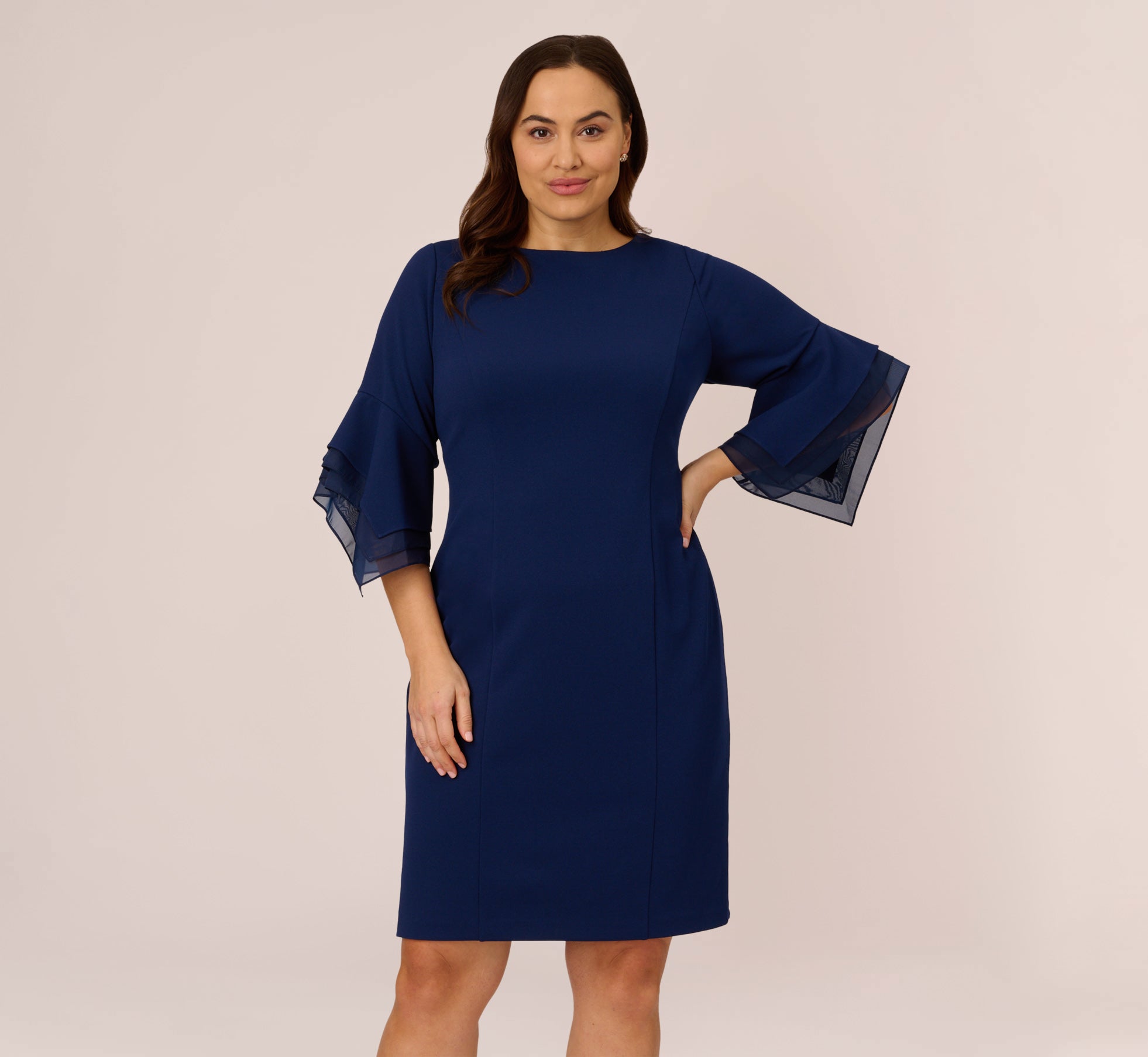 adrianna papell women's knit crepe tiered sleeve dress Adrianna Papell Stretch Knit Crepe Sheath Dress with Tiered Organza Bell Sleeve Navy Sateen 2 at Amazon Women's Clothing store