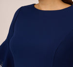 Plus Size Knit Crepe Sheath Dress With Tiered Three Quarter Sleeves In Navy Sateen 3