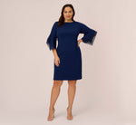 Plus Size Knit Crepe Sheath Dress With Tiered Three Quarter Sleeves In Navy Sateen 7