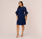 Plus Size Knit Crepe Sheath Dress With Tiered Three Quarter Sleeves In Navy Sateen 1