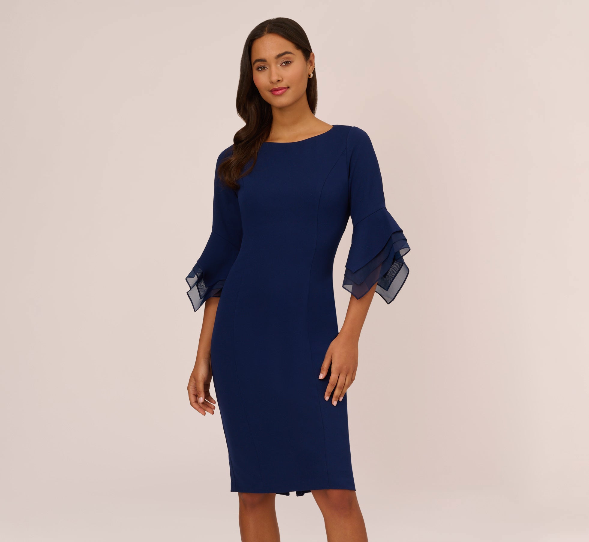 Knit Crepe Sheath Dress With Tiered Three Quarter Sleeves In Navy