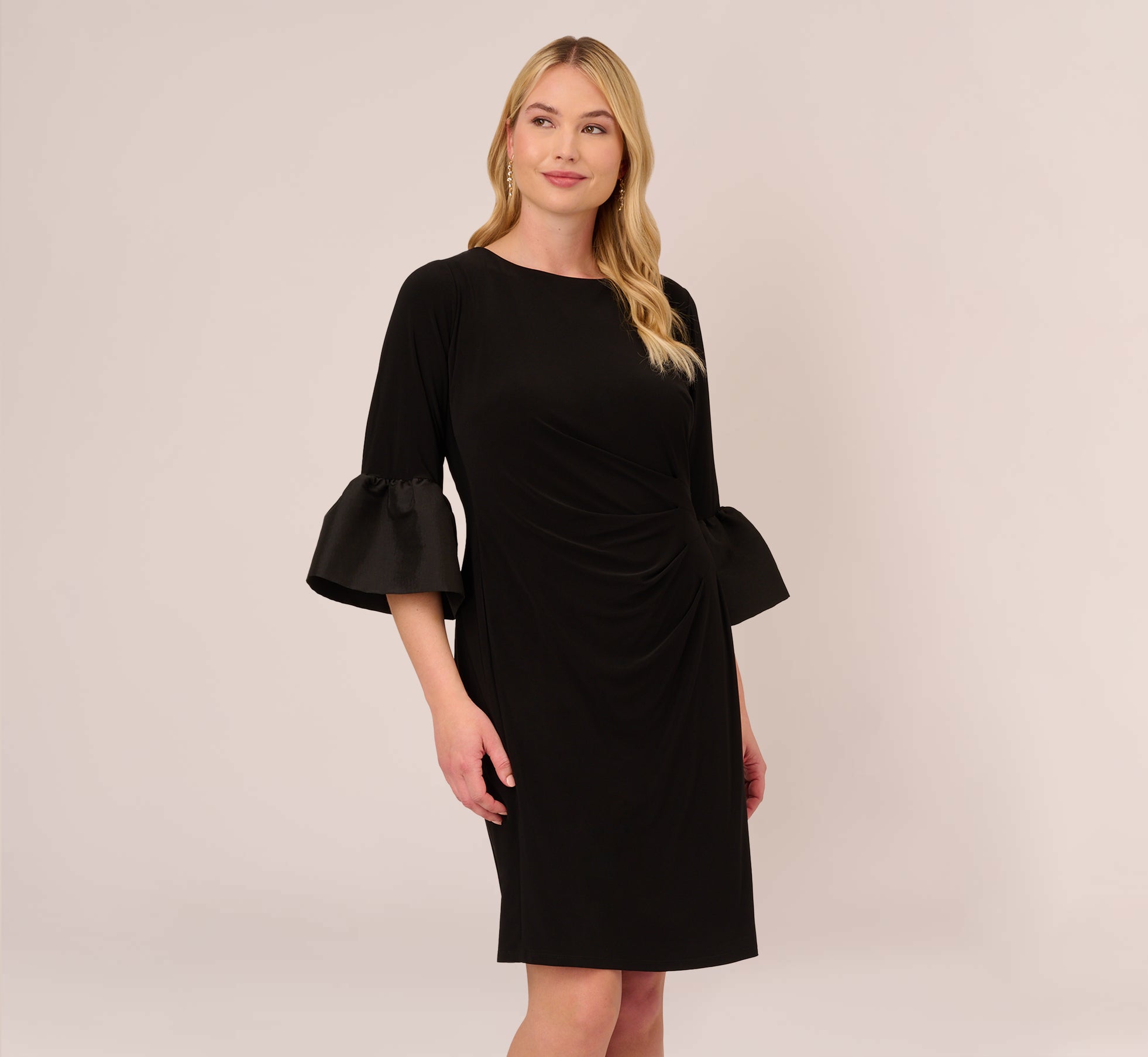 Plus Size Draped Jersey Short Sheath Dress With Bell Cuffs In