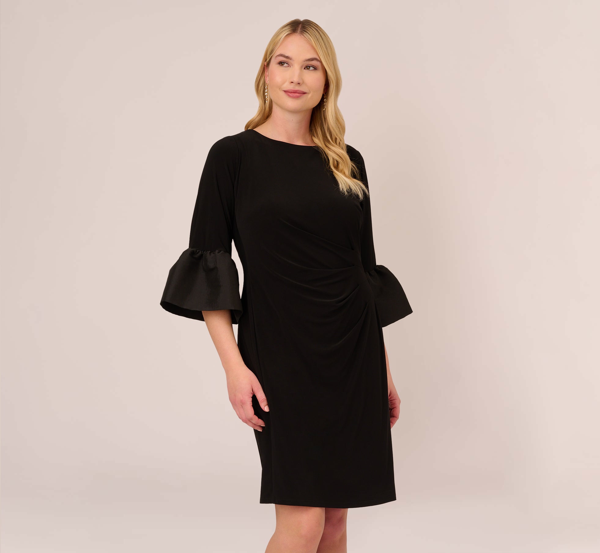 Black Plus Size Draped Jersey Short Sheath Dress With Bell Cuffs - Adrianna Papell Black Plus Size Draped Jersey Short Sheath Dress With Bell Cuffs - Adrianna Papell