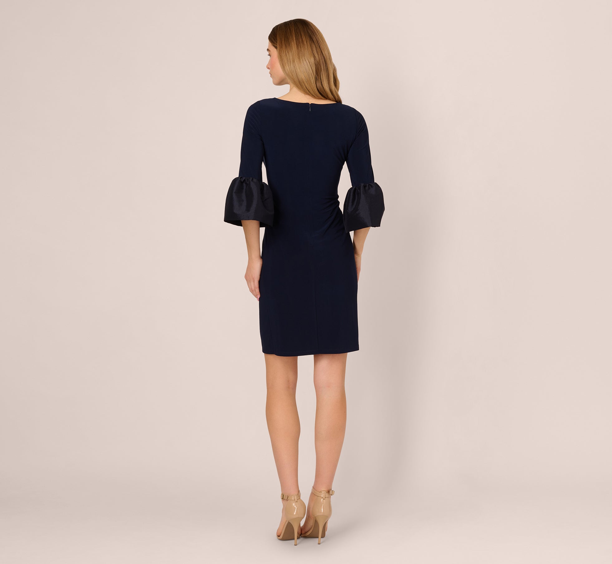 Draped Jersey Short Sheath Dress With Bell Cuffs In Midnight
