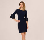 Draped Jersey Short Sheath Dress With Bell Cuffs In Midnight 2