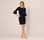 Draped Jersey Short Sheath Dress With Bell Cuffs In Midnight 7