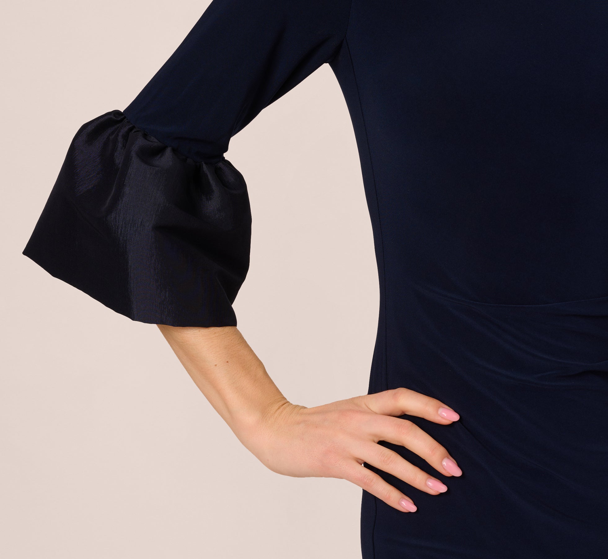 Midnight Draped Jersey Short Sheath Dress With Bell Cuffs