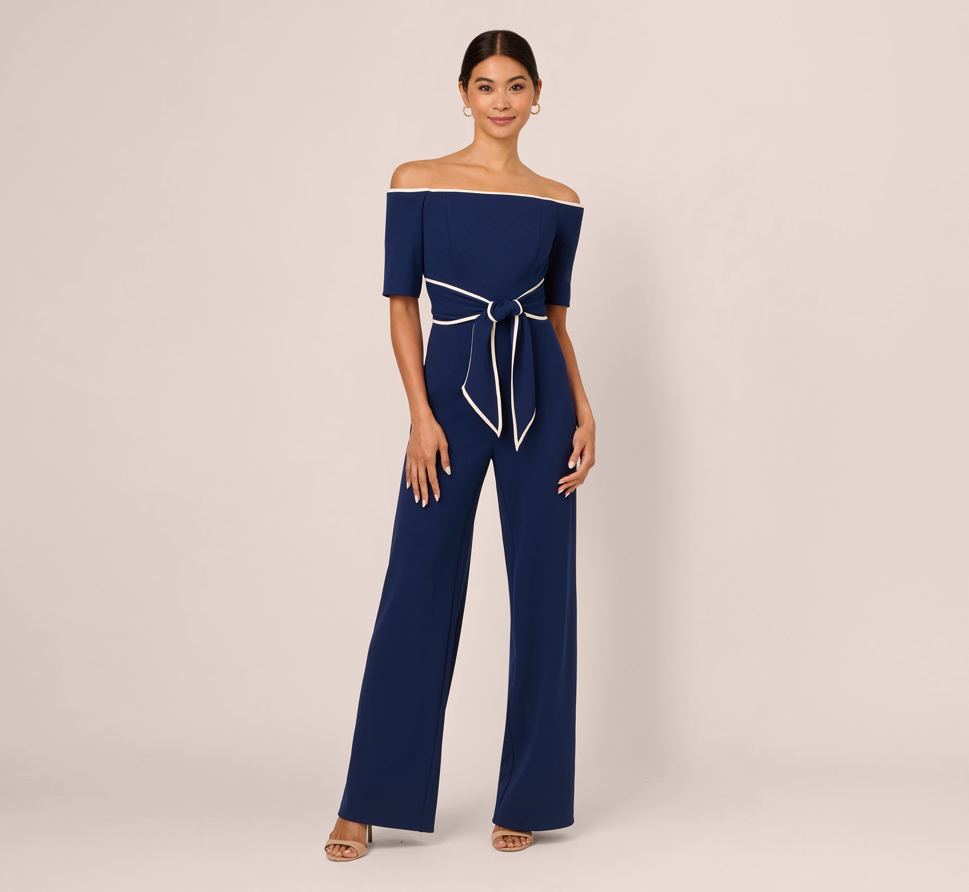 Blue Knit Crepe Off-The-Shoulder Jumpsuit - Adrianna Papell