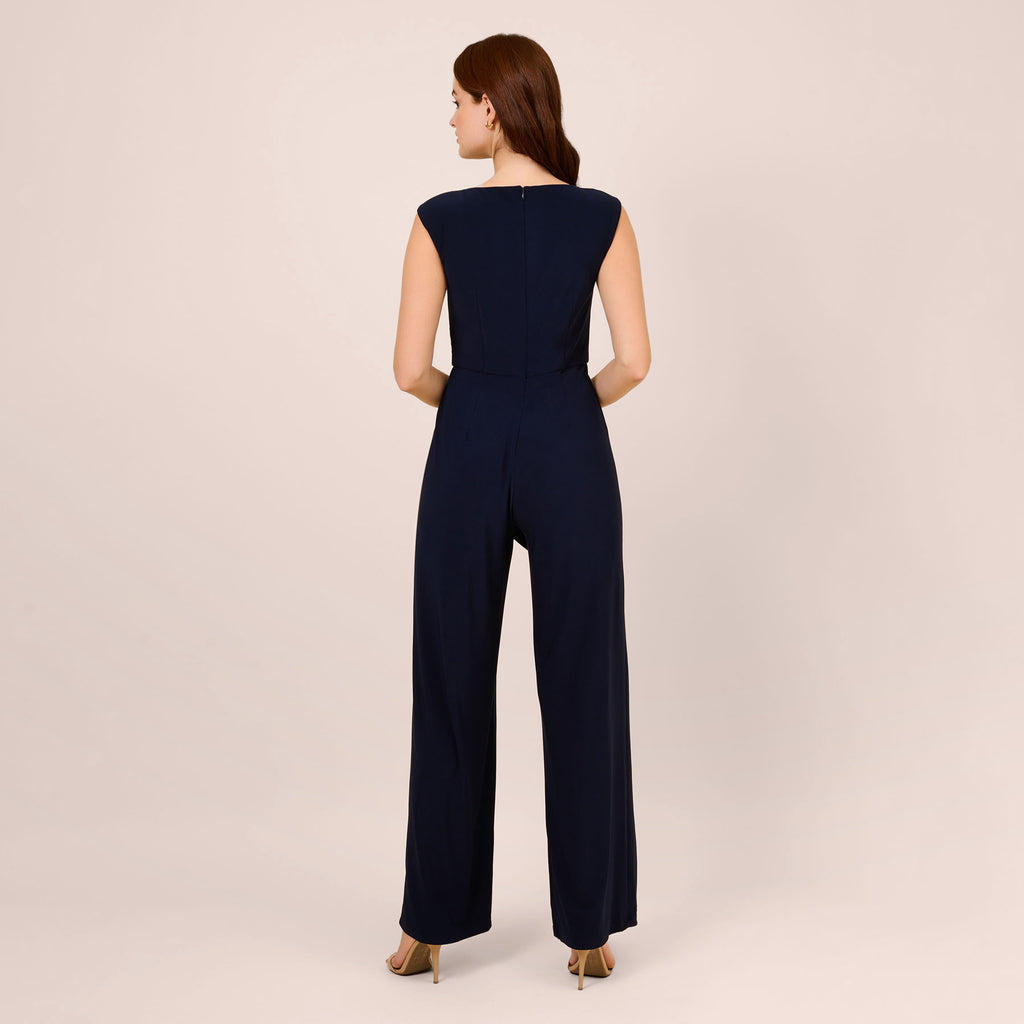 Stretch Jersey Twist-Front Jumpsuit With Overlay In Midnight